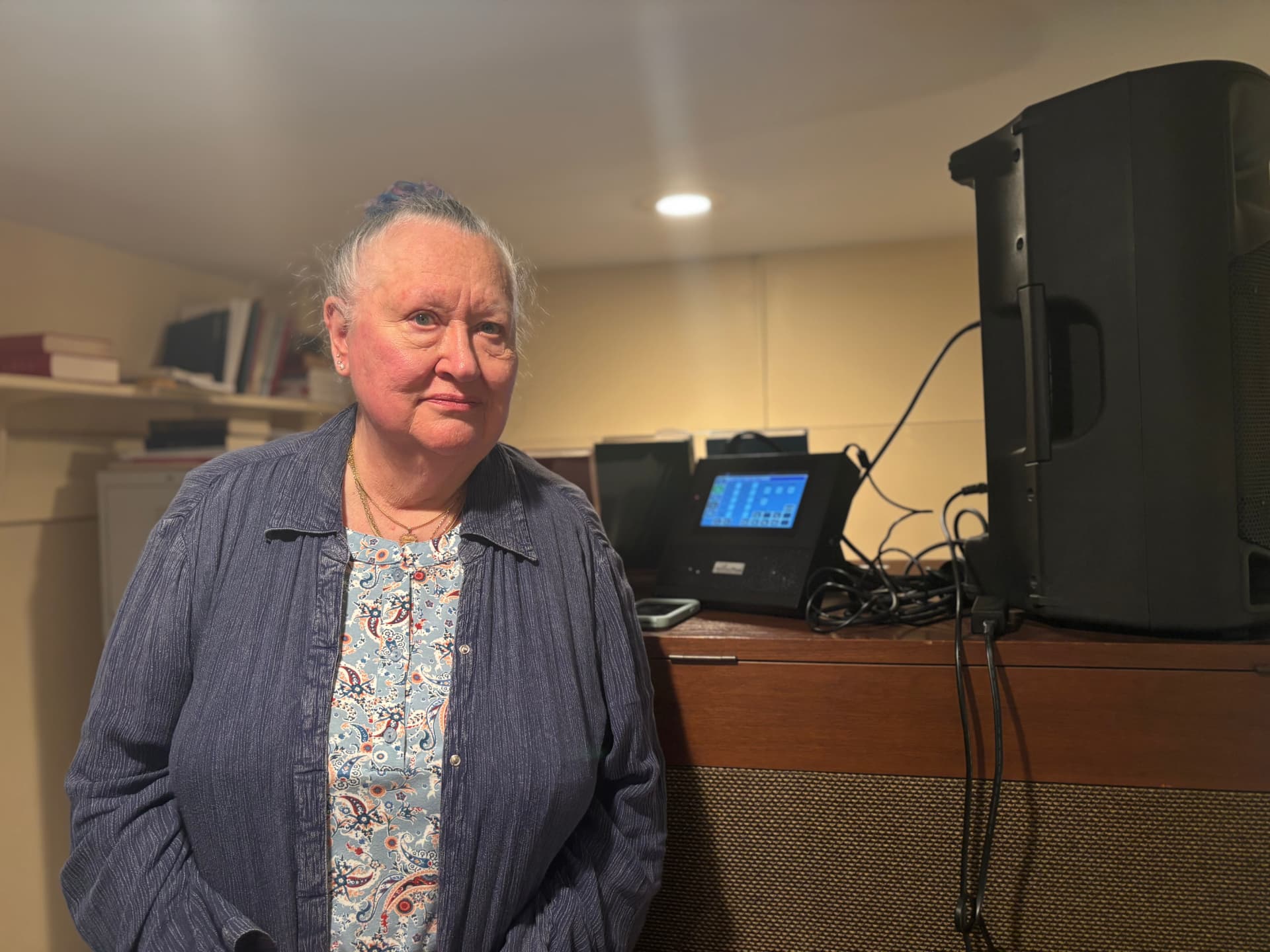 Cheryl Cooper by the church sound system